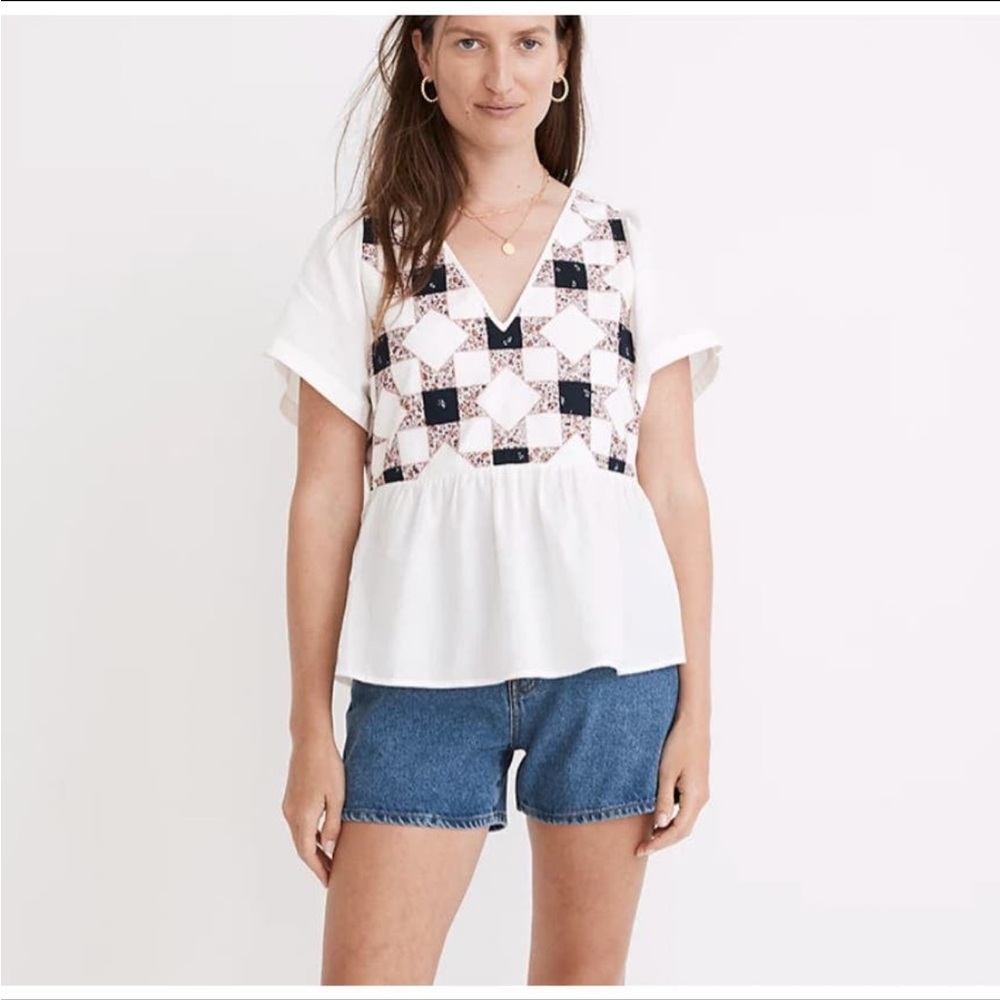 Madewell Flutter-Sleeve Peplum Top in Patchwork Quilt - granny square - XL